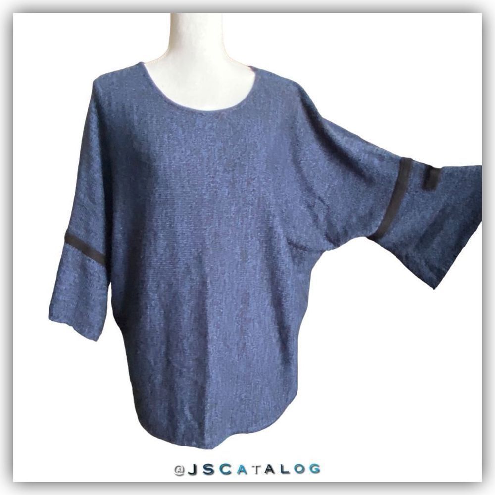 NY Collection Blue Black Batwing Knit Pullover Blouse with 3/4 Sleeves - L - Lik